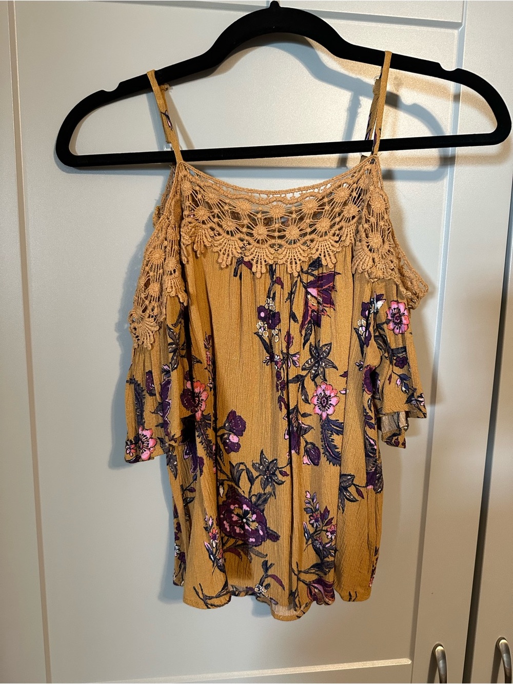 Altar'd State Mustard Floral Cold-Shoulder Camisole with Crochet Yoke